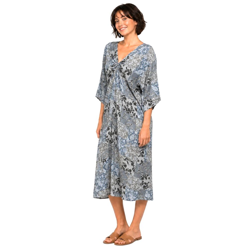 New GIGIO M 8 10 Patchwork Print Twist V Neck Midi Dress Back Tassel Tie